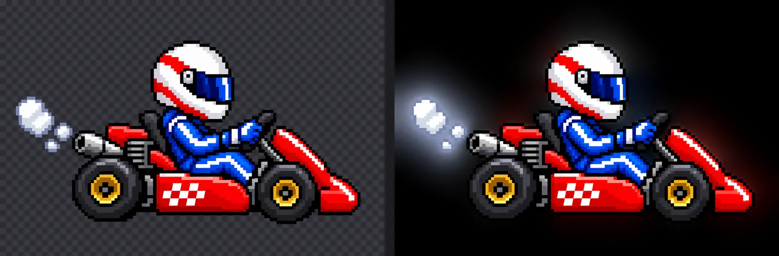 Two versions of the raw go-kart image. On the left it sits on a checkerboard, as an image viewer shows transparency. On the right the transparency is ignored, revealing a black background with red and blue-white glows around the kart and its smoke