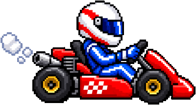 A pixel-art sprite of a red go-kart with a driver in a white and red helmet and a blue suit, puffing smoke from its exhaust, on a transparent background