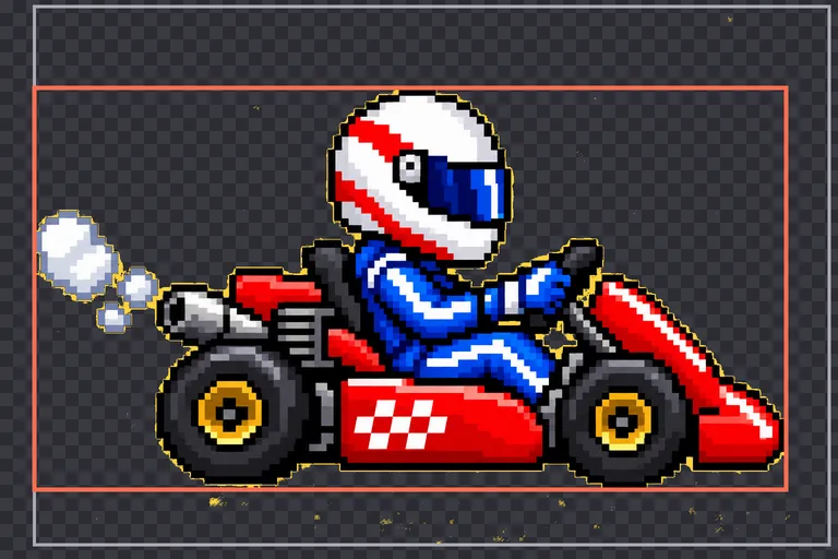 The raw go-kart on a checkerboard, with faint specks marked in yellow along the edges and near the bottom. A grey box around almost the whole canvas shows the crop that counts the specks; a tighter red box around the kart shows the crop 0.5.0 makes