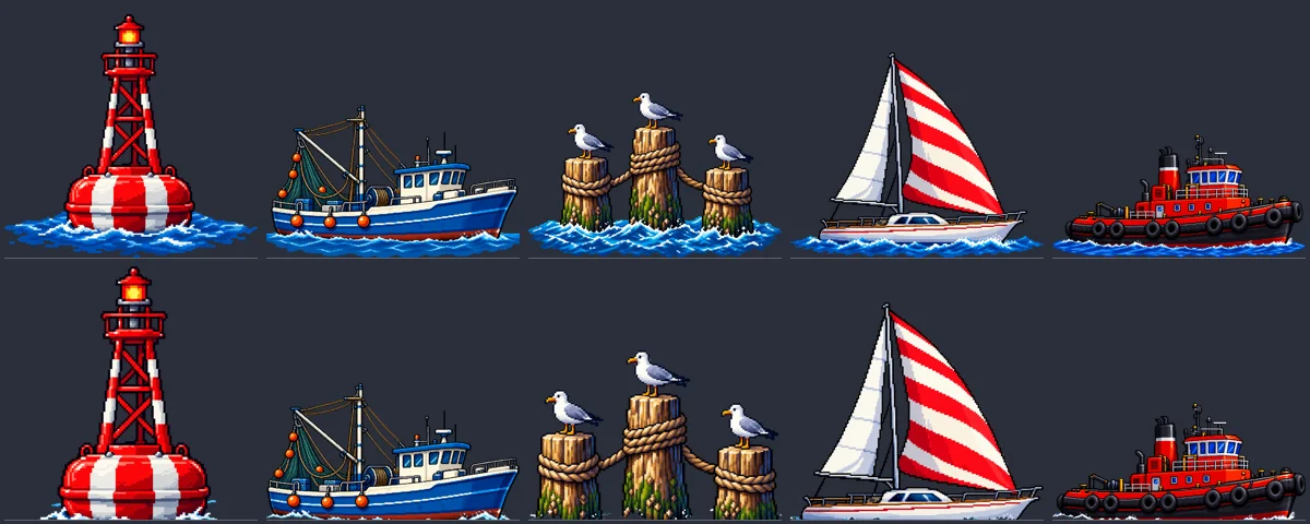 Two rows of five pixel-art harbor sprites on a dark background: a red and white buoy, a blue fishing boat, wooden pilings with seagulls, a sailboat with a striped sail and a red tugboat. In the top row each one sits in a patch of painted blue sea with white foam. In the bottom row the sea is gone and each stands directly on the line under it