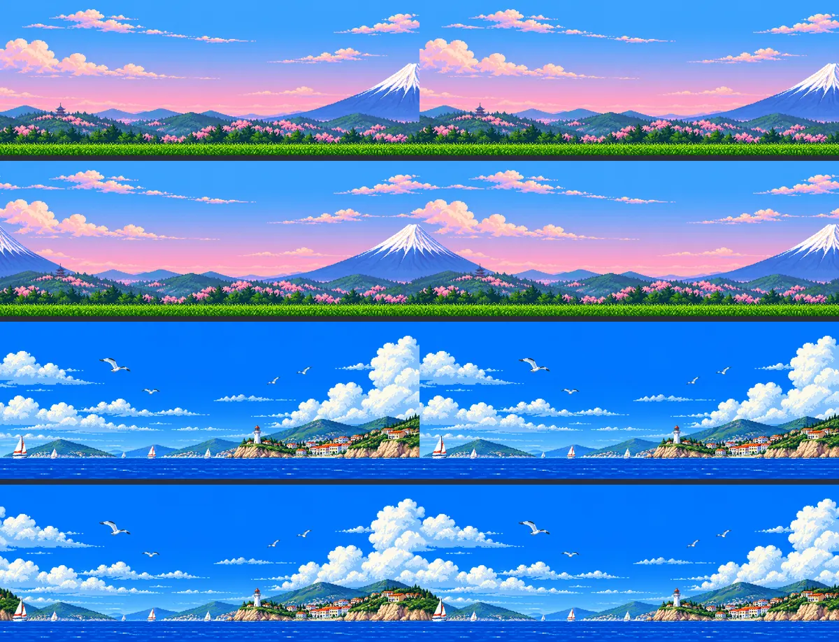 Four wide pixel-art panoramas, each repeated twice side by side. The first shows a Japanese landscape where Mount Fuji is cut in half at the right edge and the next copy starts abruptly. The second is the same sky after tile, with one whole Fuji where the copies meet. The third is a coastline where a town on a cliff ends in a hard vertical edge between copies, and the fourth is the same coastline continuing smoothly