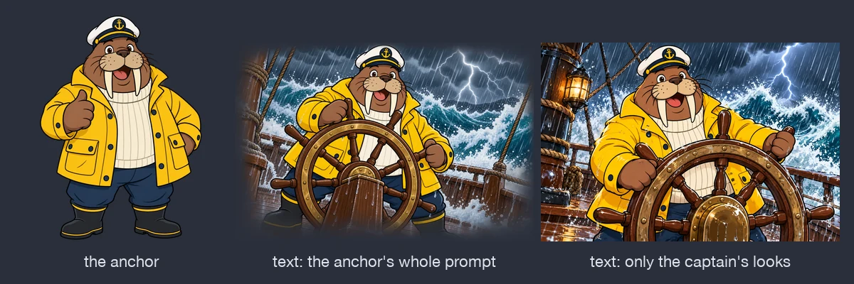 Three images of the same cartoon walrus captain in a yellow raincoat and a white captain's hat. On the left, the anchor image on a transparent background. In the middle, the captain steering a ship's wheel in a storm, with the scene fading out at the edges. On the right, the same storm scene filling the frame