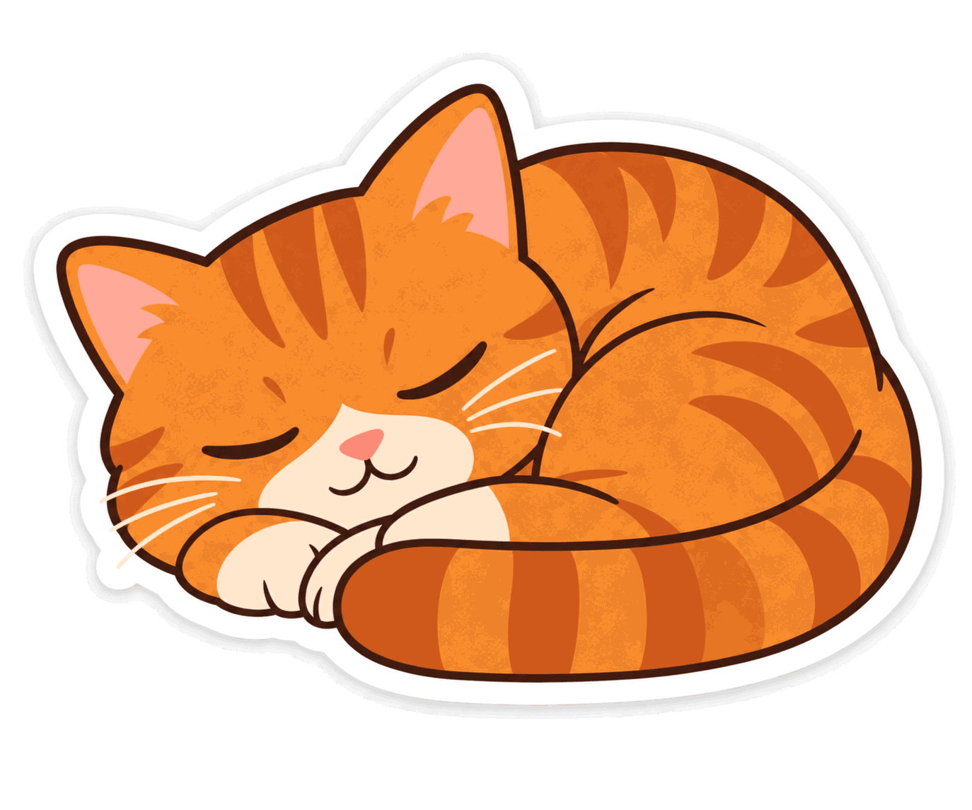 A sticker of a sleepy orange tabby cat curled up, with a thick white border and a transparent background