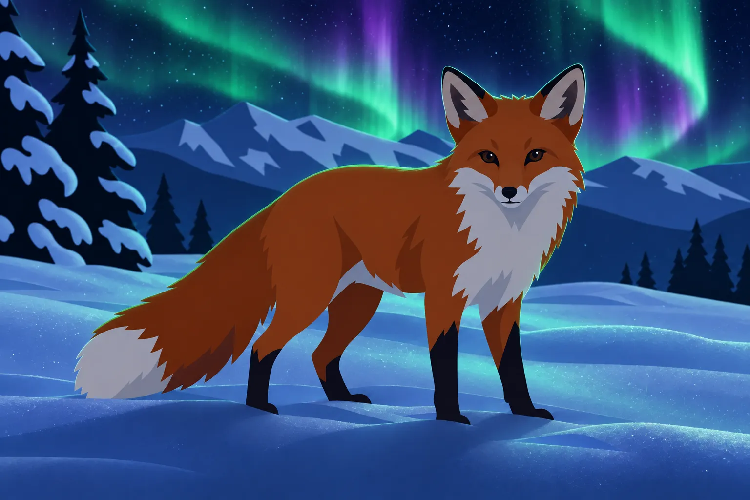 The same fox and landscape at night, under green and purple northern lights