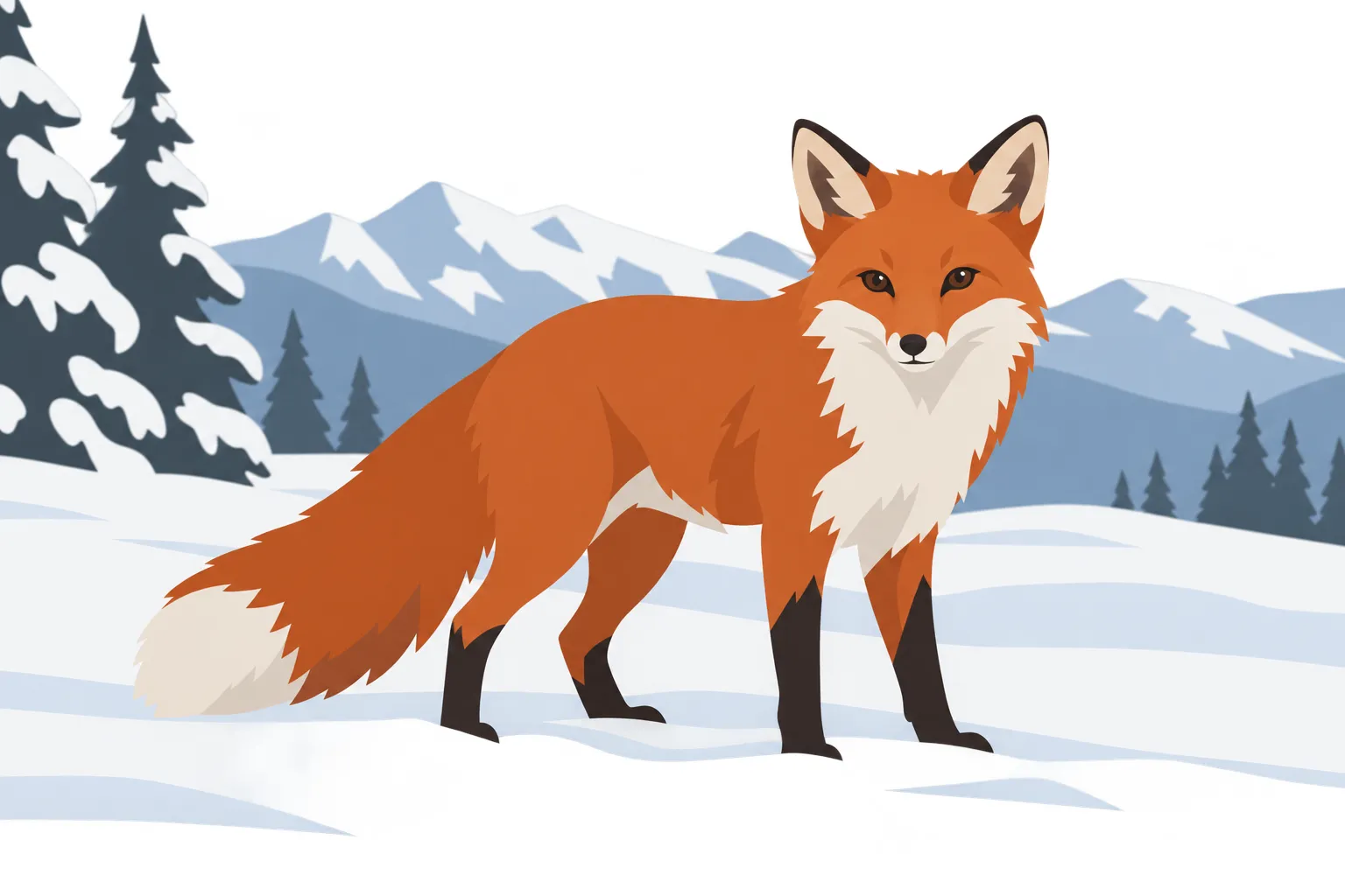 A flat vector illustration of a red fox standing in snow, with snowy pines and mountains behind it