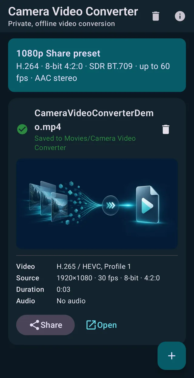 Converted clip with 1080p share preset details, ready to share