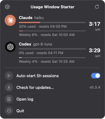 The Usage Window Starter panel
