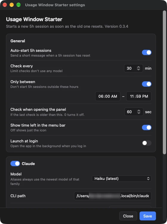 The Usage Window Starter settings window